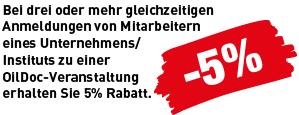 Red discount graphic with white -5% lettering – valid for group registrations for OilDoc training events