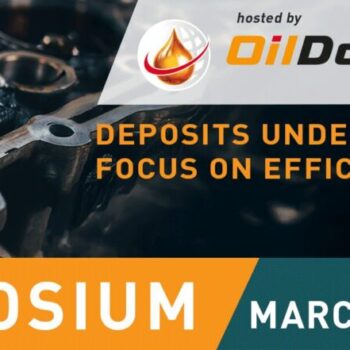 Wide banner with dirty engine component, large lettering “Varnish Symposium,” slogan “Deposits under control – focus on efficiency and sustainability!”, date March 10–11, 2026, logos “hosted by OilDoc,” “supported by Fluitec,” and “OELCHECK.”