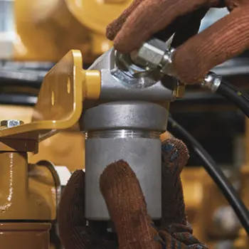 Technician wearing gloves working on hydraulic unit with hoses and valves, emblem on the right Specialist in hydraulic fluids