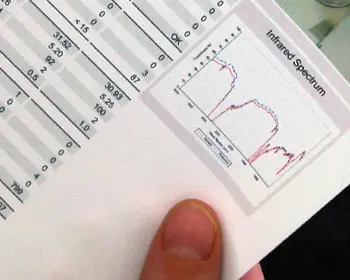Hand holding a lab report on oil analysis with tables and an infrared spectrum diagram in the corner