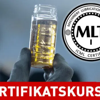 Hand in glove holding a yellowish oil sample, next to it the ICML certification logos MLT I and MLA I, below the lettering “OilDoc certification course”