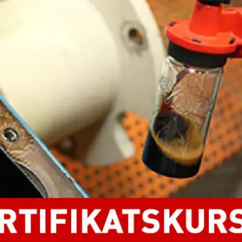 Technician takes an oil sample from a machine using a sample bottle, on the right the ICML logo “MLA II”, below the lettering “OilDoc certification course”