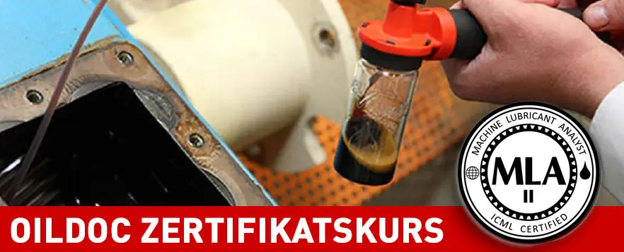 Technician takes an oil sample from a machine using a sample bottle, on the right the ICML logo “MLA II”, below the lettering “OilDoc certification course”